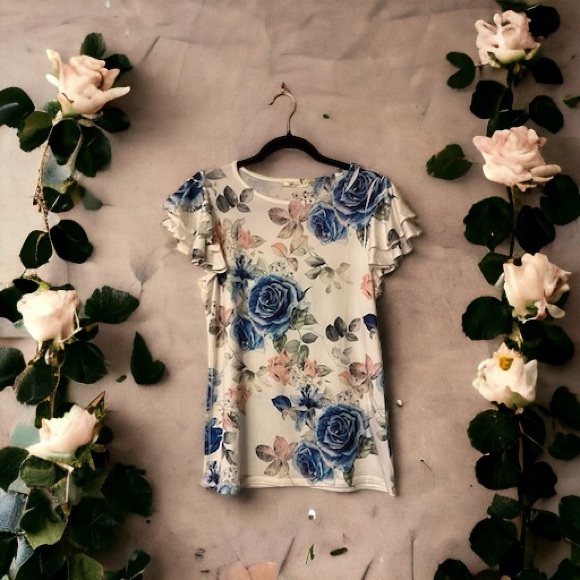 Gaze USA White w/Blue/Pink/Green Floral Print Top - Picture 6 of 10